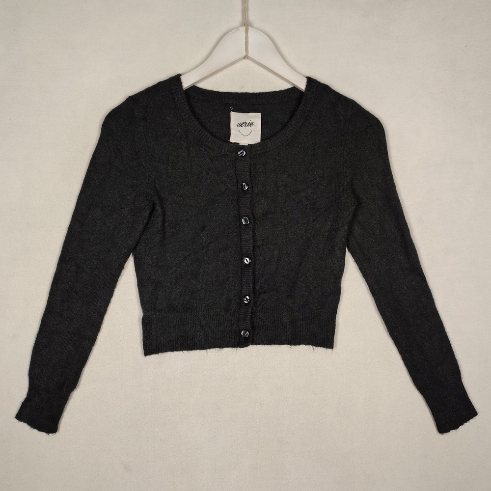 Aerie Cropped Button-Front Knit Cardigan Charcoal Black XXS 009800846762